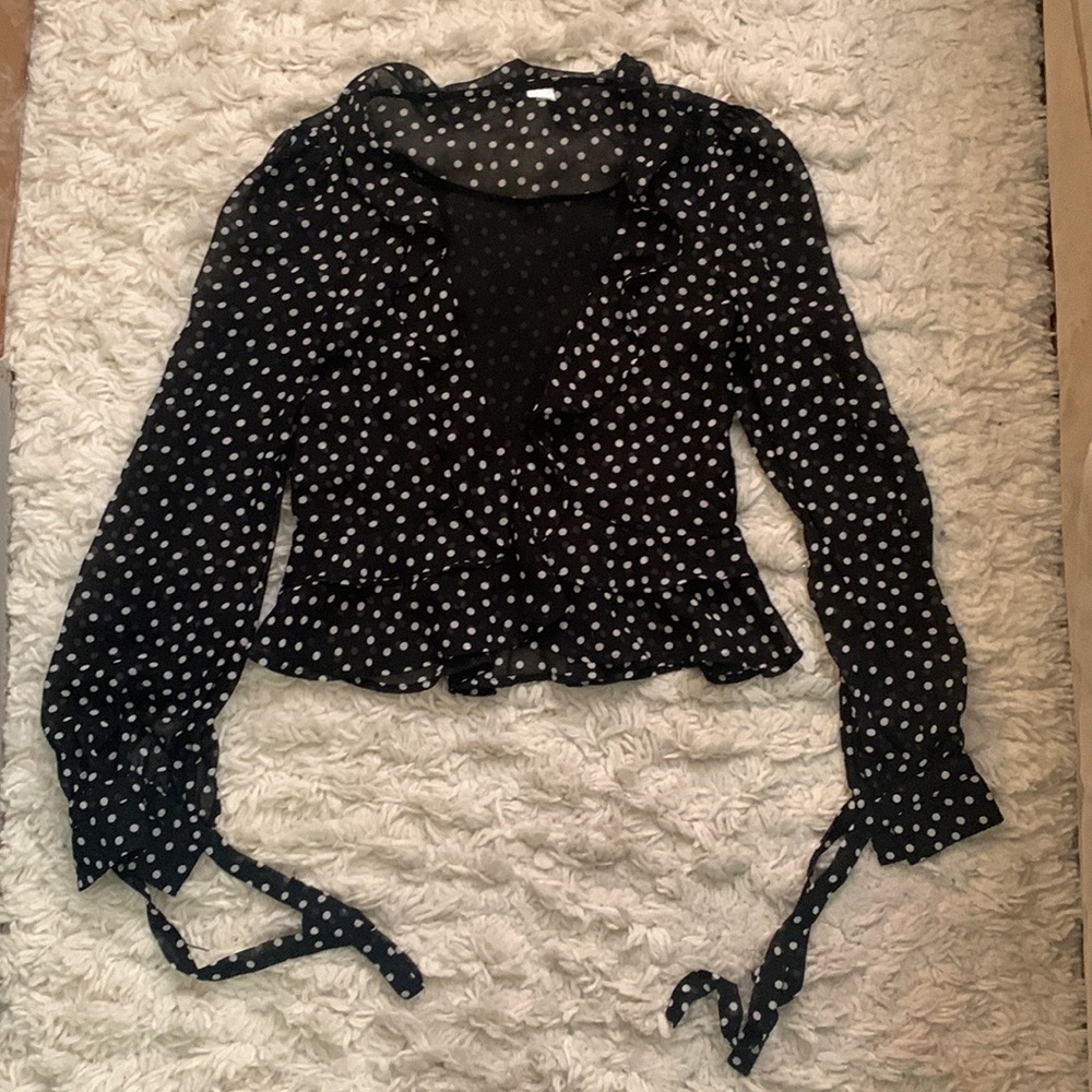 H M Black White Polka Dot Ruffle Blouse